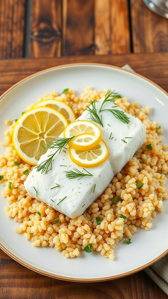 Lemon Dill Cod fillets on quinoa, garnished with dill and lemon, on a rustic wooden table.